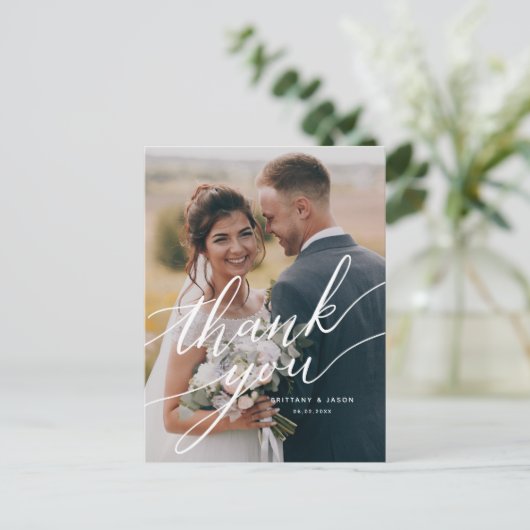 Elegante Overlay Script Wedding Danke Foto Postkarte (Stehend Vorderseite)