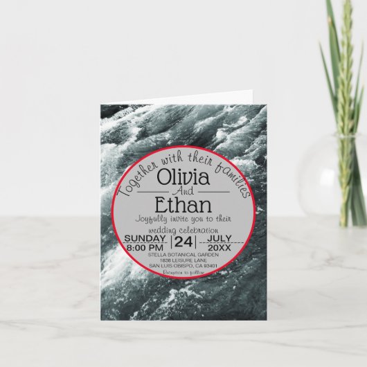 Elegante ozeanblaue Wellen geklappt Hochzeitseinla Einladung (Vorderseite)