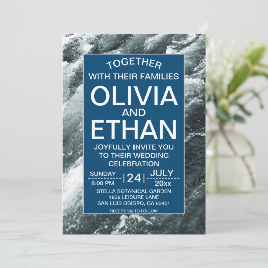 Elegante ozeanblaue Wellen Hochzeitsfeiern Einladung (Stehend Vorderseite)