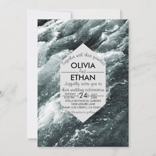Elegante ozeanblaue Wellen Hochzeitsfeiern Einladung (Vorderseite)