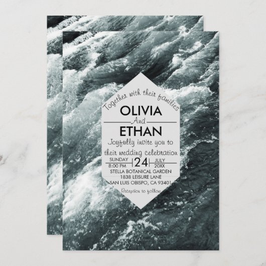 Elegante ozeanblaue Wellen Hochzeitsfeiern Einladung (Vorne/Hinten)