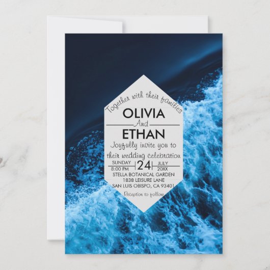 Elegante ozeanblaue Wellen Hochzeitsfeiern Einladung (Vorderseite)