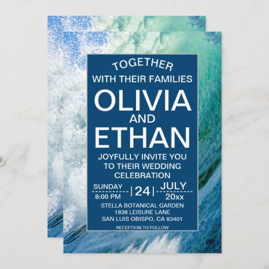 Elegante ozeanblaue Wellen Hochzeitsfeiern Einladung (Vorne/Hinten)