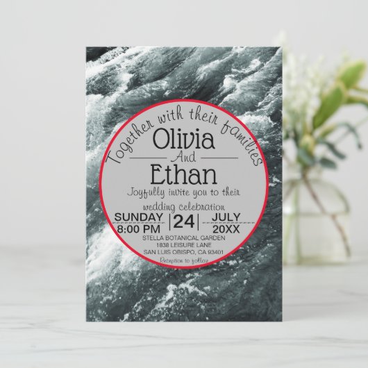 Elegante ozeanblaue Wellen Hochzeitsfeiern Einladung (Stehend Vorderseite)