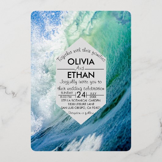 Elegante ozeanblaue Wellen Hochzeitsfoil Einladung (Vorderseite)