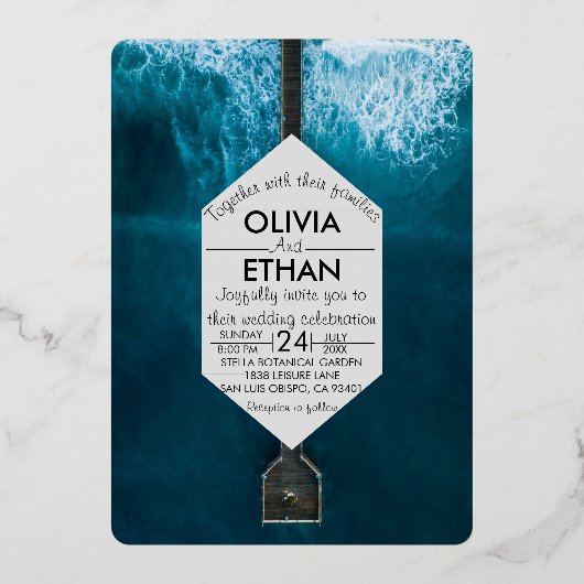 Elegante ozeanblaue Wellen Hochzeitsfoil Einladung (Vorderseite)