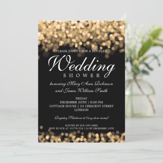 Elegante Paare Dusche Gold Lights Einladung (Stehend Vorderseite)