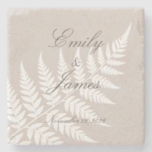 Elegante Paarnamen Mocha Taupe Weiße Fern Steinuntersetzer