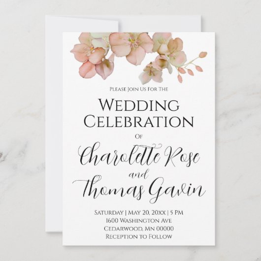 Elegante pachy rosa Blumenhochzeit Einladung (Vorderseite)