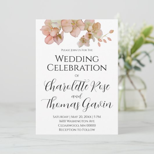 Elegante pachy rosa Blumenhochzeit Einladung (Stehend Vorderseite)