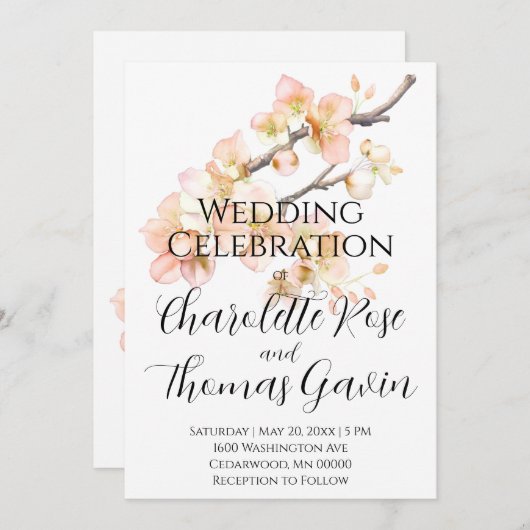 Elegante pachy rosa Blumenhochzeit Einladung (Vorne/Hinten)