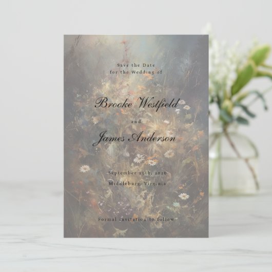 Elegante Painterly Script Fall-Wildblumen Hochzeit Save The Date (Stehend Vorderseite)