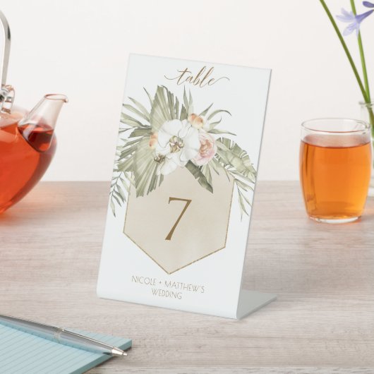 Elegante Palm Blätter Blumencreme Tischnummer Sockelschild (In SItu)