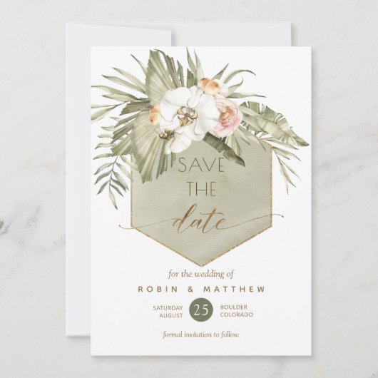 Elegante Palm Blätter Blumengrün Save The Date (Vorderseite)