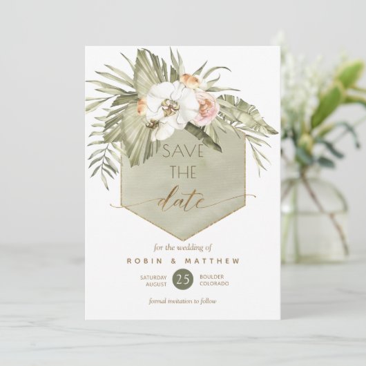 Elegante Palm Blätter Blumengrün Save The Date (Stehend Vorderseite)