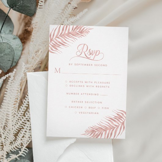 Elegante Palm Leaf Rose RSVP Karte