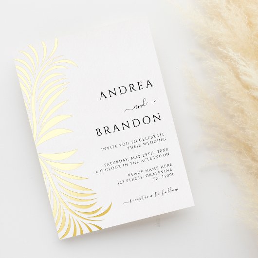 Elegante Palm Tree Blätter Hochzeit in einem Gold Folieneinladung