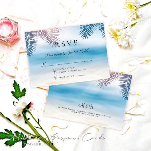 Elegante Palm Tree Tropical Beach Wedding RSVP Car Karte