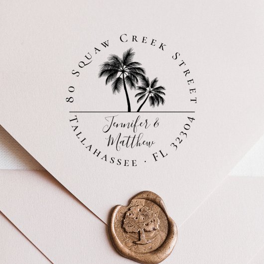 Elegante Palm Tree Verheiratete Couple Rücksendead Gummistempel