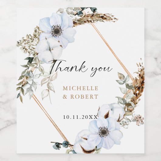 Elegante Pampas Grass and White Anemone Hochzeit Weinetikett (Einzelnes Label)