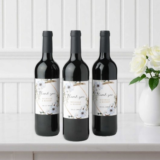 Elegante Pampas Grass and White Anemone Hochzeit Weinetikett