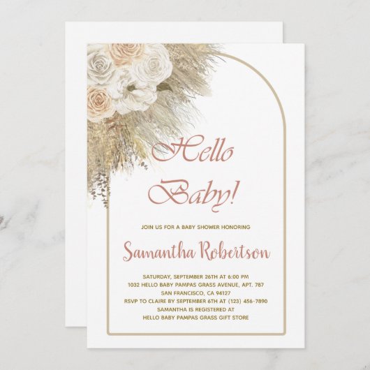 Elegante Pampas Grass Bohemische Rose Kinderdusche Einladung (Vorne/Hinten)