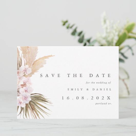 Elegante Pampas Grass Wedding Save The Date (Stehend Vorderseite)
