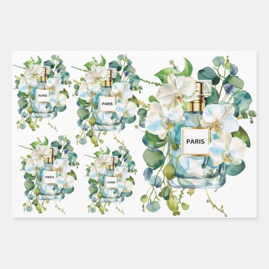 Elegante Parfümflasche mit weißem Orchid Geschenkpapier Set (Vorderseite 3)