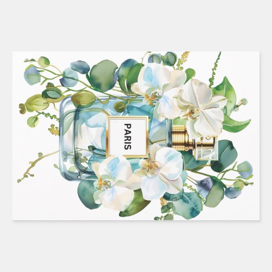 Elegante Parfümflasche mit weißem Orchid Geschenkpapier Set (Vorderseite 2)