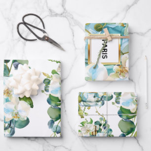Elegante Parfümflasche mit weißem Orchid Geschenkpapier Set