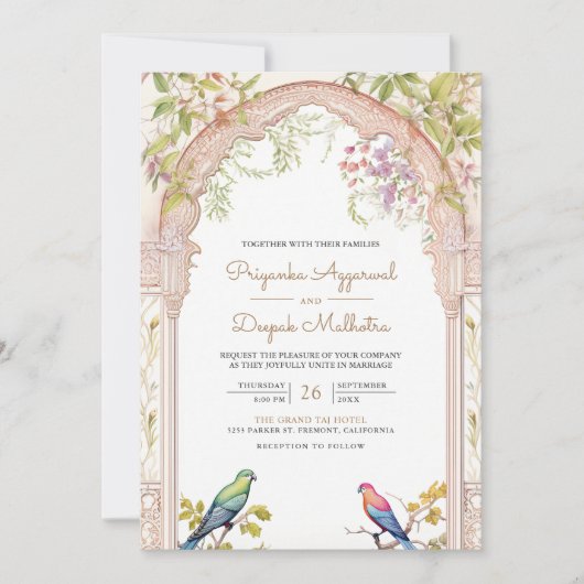Elegante Parrots Floral Indian Arch Wedding Einladung (Vorderseite)
