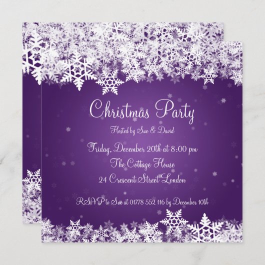 Elegante Party Einladung Winterschneeflocken Lila (Vorne/Hinten)