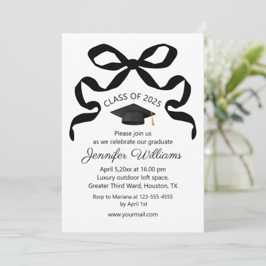 elegante Party mit schwarzem Bogen 2025 Einladung (Stehend Vorderseite)