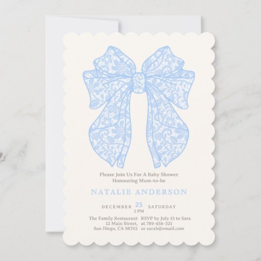Elegante Pastel Baby Blue Lace Coquette Babydusche Einladung (Vorderseite)