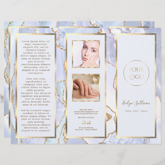 Elegante Pastel Blue and Gold Agate Broschüre (Vorne/Hinten)