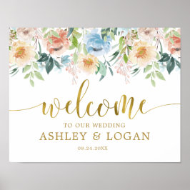 Elegante Pastel Blue Floral Wedding Willkommen Poster