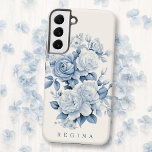 Elegante Pastel Blue Watercolor Rose Personalisier Samsung Galaxy Hülle<br><div class="desc">Duschfarbene Rosen,  Blüten und Blätter in Aquarellfarbe auf antikem weißem Hintergrund mit Textfeldern für Ihren Namen,  Initialen oder Monogramm.</div>