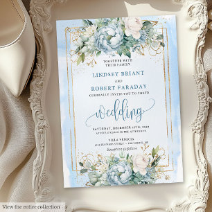 Elegante Pastel Blue White Gold Peonies Einladung