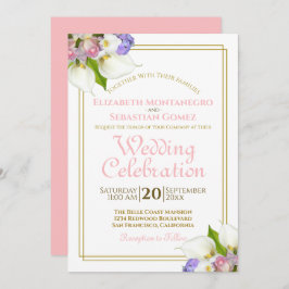 Elegante Pastel Blume Gold und Rosa Hochzeit Einladung