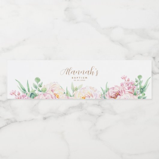 Elegante Pastel-Blume | Personalisierte Taufe Wasserflaschenetikett (Einzelnes Label)