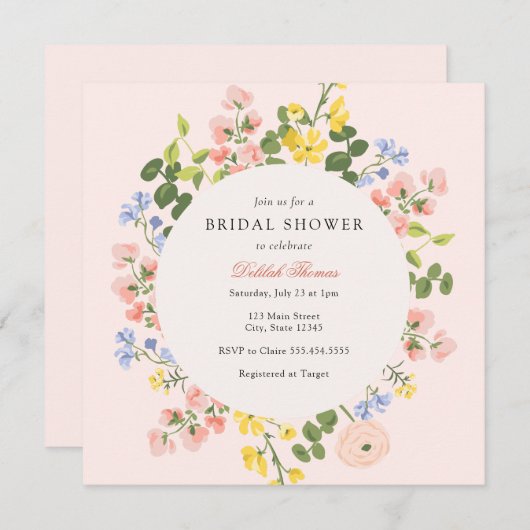 Elegante Pastel Blumendusche Einladung (Vorne/Hinten)