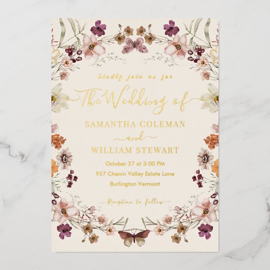 Elegante Pastel Boho Wildblume Moderne Hochzeit Folieneinladung (Vorderseite)
