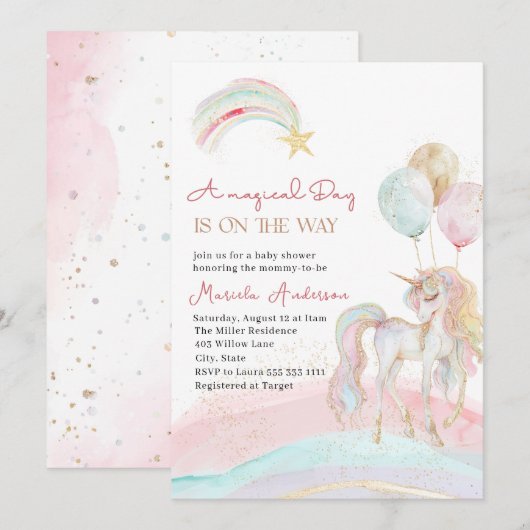 Elegante Pastel Gold Unicorn Einladung (Vorne/Hinten)