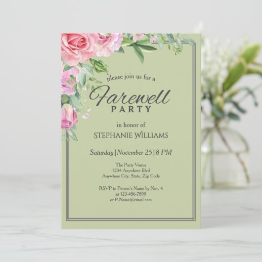 Elegante Pastel Green Blume Farewell Party Einladung (Stehend Vorderseite)
