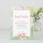 Elegante Pastel Green & Pink Floral 16 . Geburtsta Einladung (Stehend Vorderseite)