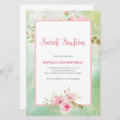Elegante Pastel Green & Pink Floral 16 . Geburtsta Einladung (Vorne/Hinten)
