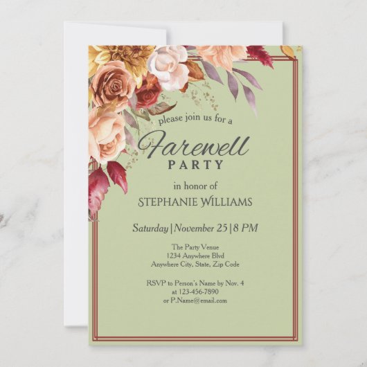 Elegante Pastel Grüne Herbstwoche Blume Abschied P Einladung (Vorderseite)