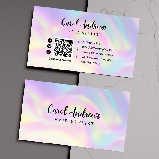 Elegante Pastel Holographic Hairstylist QR Code Visitenkarte