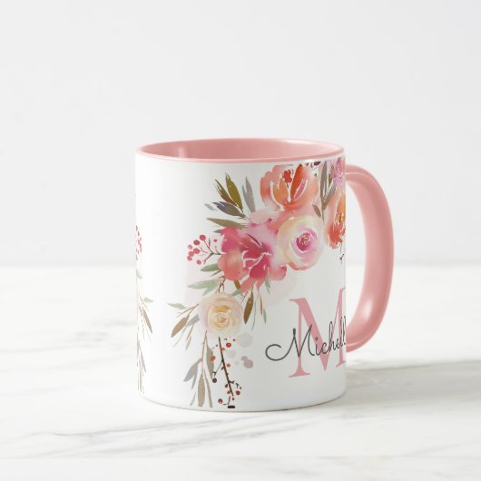 Elegante Pastel Peach Pink Rose Mit Monogramm Tasse (VorderseiteRechts)