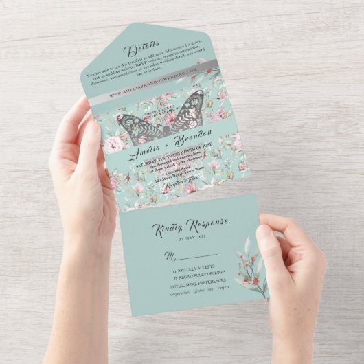 Elegante Pastel Pink Blue Floral Wedding All In One Einladung (Abreißen)